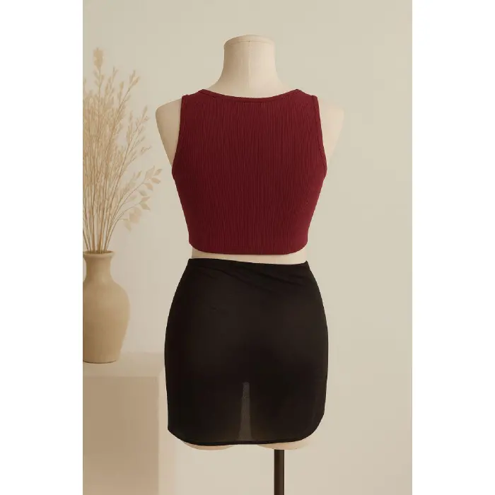 LYYN Kadın Bordo Yuvarlak Yaka Crop ve Siyah Pareo 2li Set