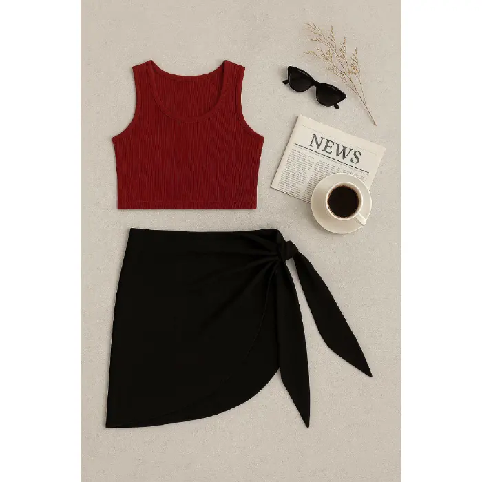 LYYN Kadın Bordo Yuvarlak Yaka Crop ve Siyah Pareo 2li Set