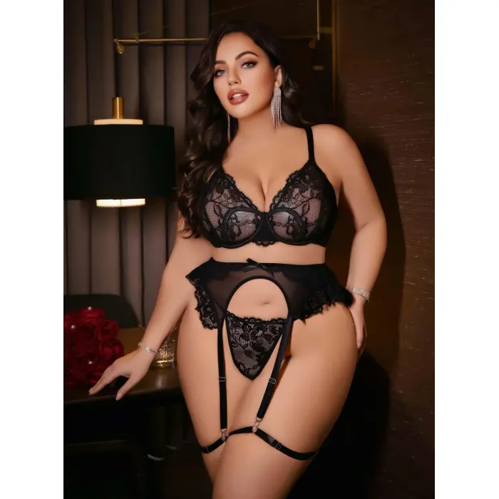 LYYN Kadın Büyük Beden Dantel Detaylı Fantezi Jartiyer Takımı 8010