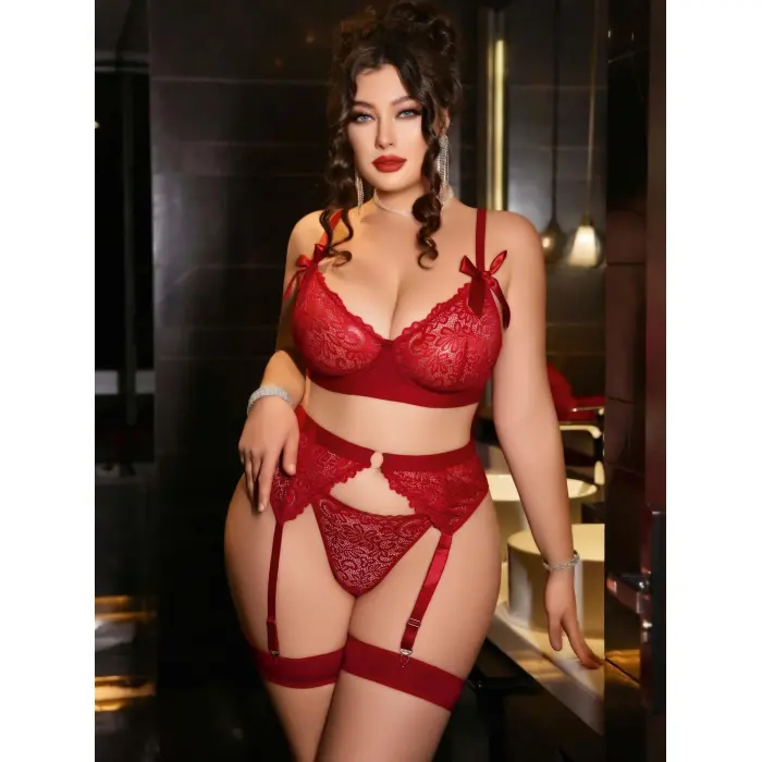 LYYN Kadın Büyük Beden Kırmızı Dantelli Jartiyerli Fantezi İç Giyim Takımı 8005