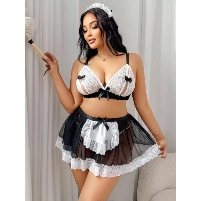 LYYN Kadın Büyük Beden  Seksi Hizmetçi Kostüm Fantezi Transparan Tül Fantezi Erotik 8006