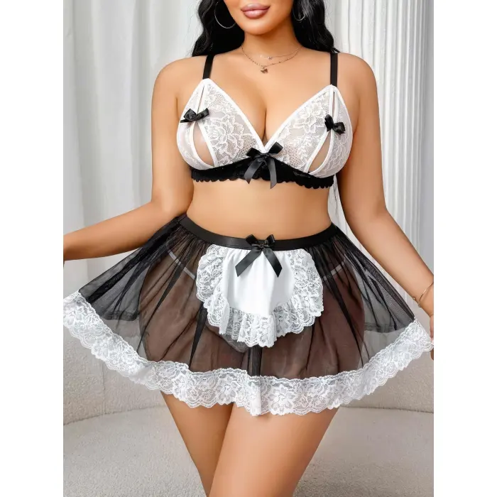 LYYN Kadın Büyük Beden  Seksi Hizmetçi Kostüm Fantezi Transparan Tül Fantezi Erotik 8006