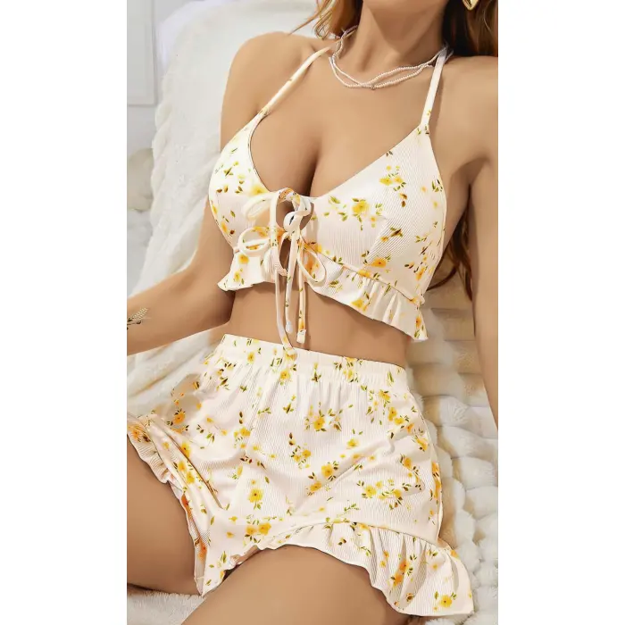 LYYN Kadın Çiçekli Ekru Askılı Şortlu Pijama Takım 6646