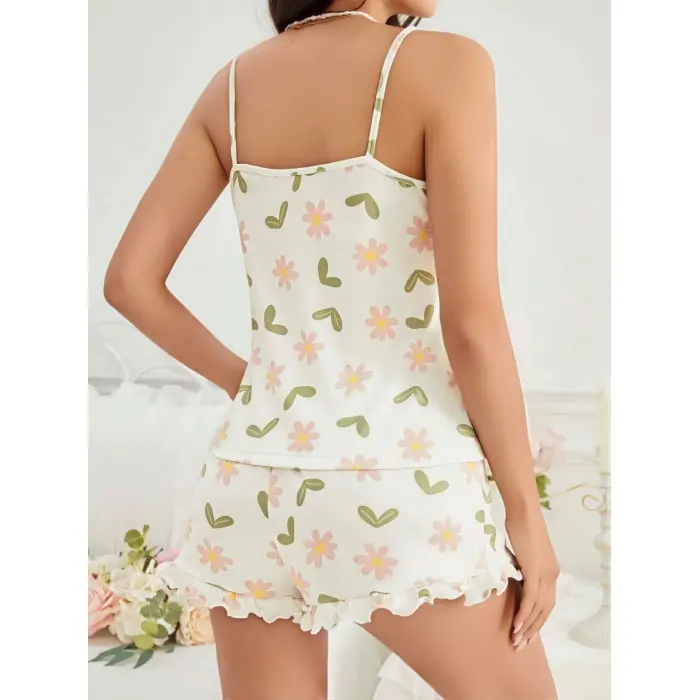 LYYN Kadın Ekru Çiçek Baskılı Şortlu Gecelik Pijama Takımı 5047