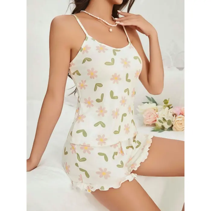 LYYN Kadın Ekru Çiçek Baskılı Şortlu Gecelik Pijama Takımı 5047
