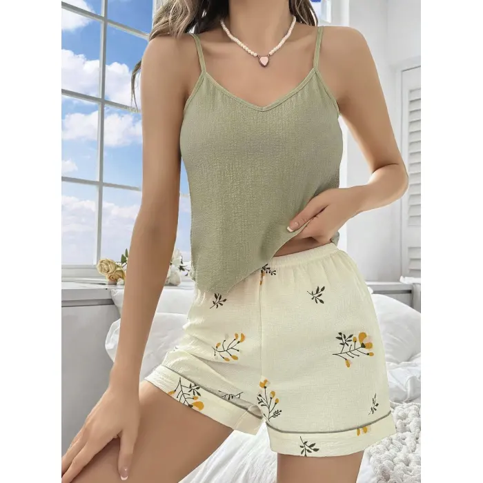 LYYN Kadın Ekru Çiçek Baskılı Şortlu Gecelik Pijama Takımı 5099