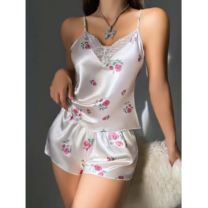 LYYN Kadın Ekru Gül Desenli Askılı Dantel Üst Pijama Takımı 2222