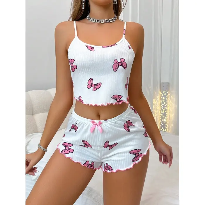 LYYN Kadın Fiyonklu Beyaz Şortlu Pijama Takımı