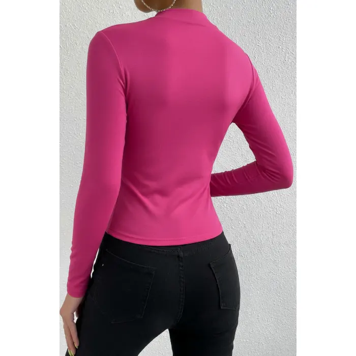 LYYN Kadın Fuşya Belden ve Boyundan Büzgü Detaylı Uzun Kollu Bluz