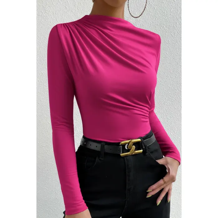 LYYN Kadın Fuşya Belden ve Boyundan Büzgü Detaylı Uzun Kollu Bluz