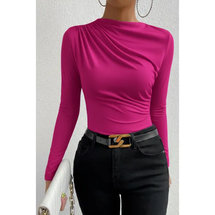 LYYN Kadın Fuşya Belden ve Boyundan Büzgü Detaylı Uzun Kollu Bluz