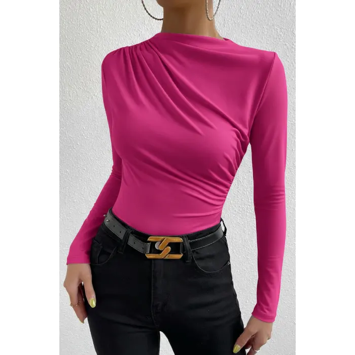 LYYN Kadın Fuşya Belden ve Boyundan Büzgü Detaylı Uzun Kollu Bluz