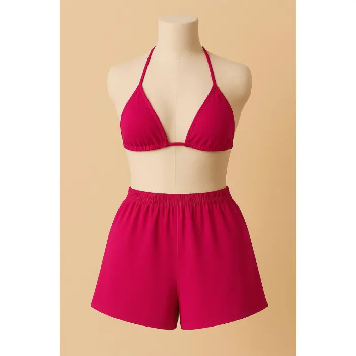 LYYN Kadın Fuşya Şortlu Belden ve Boyundan Bağlamalı Bikini Takımı