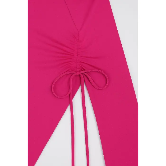 LYYN Kadın Fuşya Uzun İspanyol Kollu Asimetirik Yaka Yandan Bağlamalı Drapeli Bluz