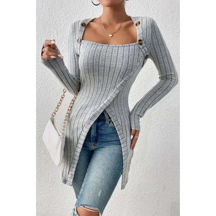LYYN Kadın Gri Düğme Detaylı Kare Yaka Fitilli Asimetrik Etekli Uzun Kollu Bluz
