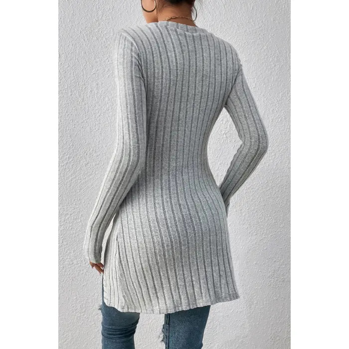 LYYN Kadın Gri Düğme Detaylı Kare Yaka Fitilli Asimetrik Etekli Uzun Kollu Bluz