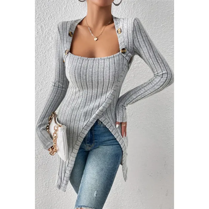 LYYN Kadın Gri Düğme Detaylı Kare Yaka Fitilli Asimetrik Etekli Uzun Kollu Bluz