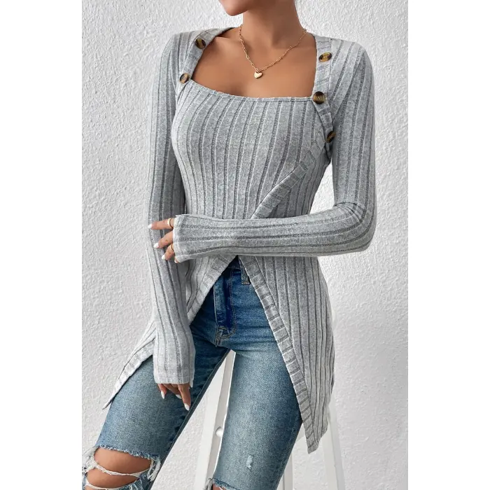 LYYN Kadın Gri Düğme Detaylı Kare Yaka Fitilli Asimetrik Etekli Uzun Kollu Bluz