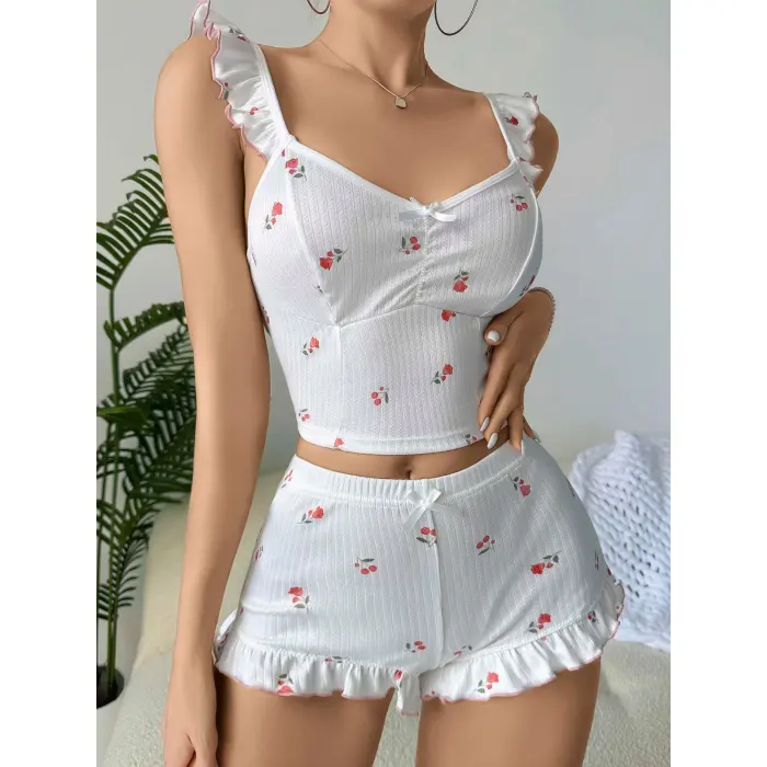 LYYN Kadın Gül Ve Kiraz Desenli Şortlu Gecelik Takım 5112
