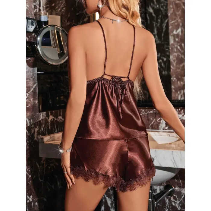 LYYN Kadın Kahverengi Askılı Dantel Saten Üst Pijama Takımı 2228