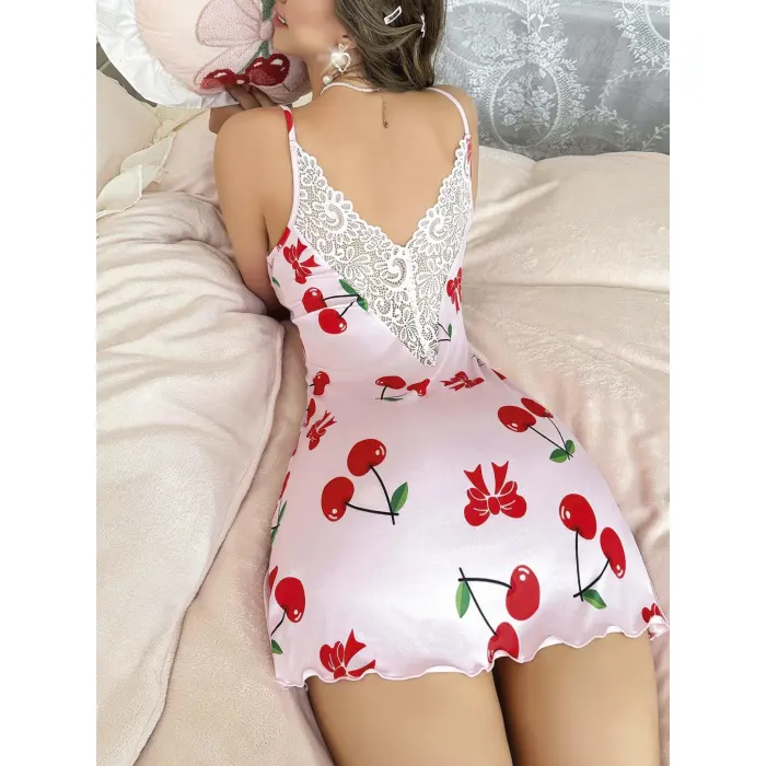 LYYN Kadın Kiraz  Desenli Dantel Detaylı  Askılı  Elbise 5067