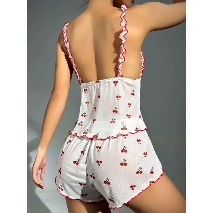 LYYN Kadın Kiraz Desenli Fırfırlı Şortlu Gecelik Takım 5101