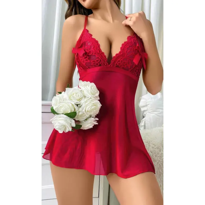 LYYN Kadın Kırmızı Fantazi Gecelik Kısa Tül Göğüs Fiyok Detaylı 2097