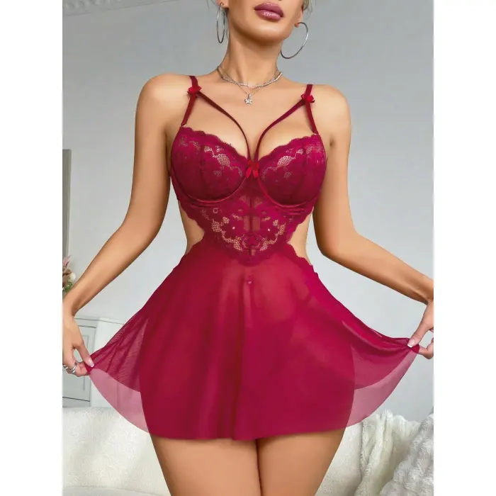 LYYN Kadın Kırmızı Fantazi Gecelik Tül Göğüs Dantel Dekolteli Fiyok Detaylı 2162