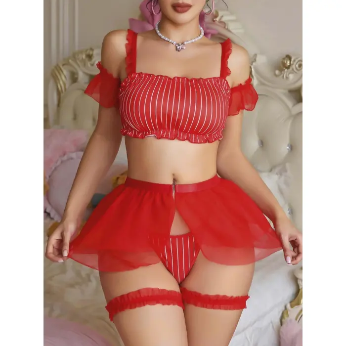 LYYN Kadın Kırmızı Fantazi  Kostüm Kolları Tül Detaylı Fırfırlı 2186