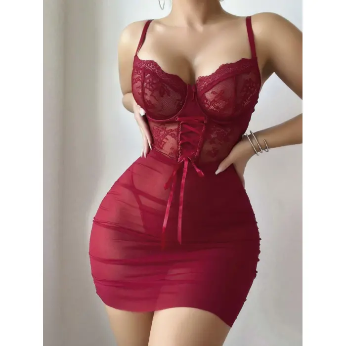 LYYN Kadın Kırmızı Fantezi Gecelik Tül Dantel Fiyonk Detaylı Askılı 2209