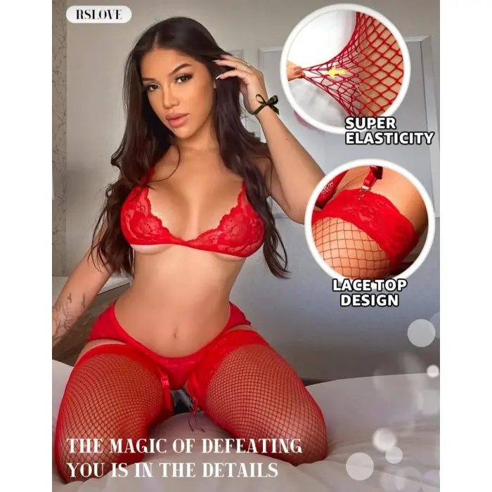 LYYN Kadın Kırmızı File Silikonlu Jartiyer Çorabı