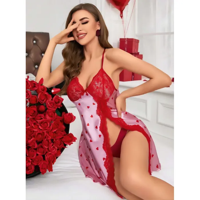 LYYN Kadın Kırmızı Kalp Desenli Saten Gecelik 2220