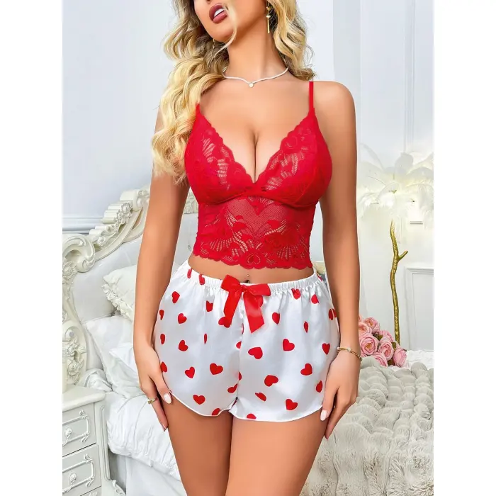 LYYN Kadın Kırmızı Kalp Desenli Şort Askılı Dantel Üst Pijama Takımı 2218