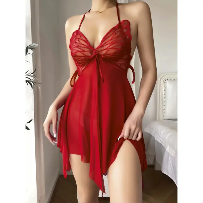 LYYN Kadın Kırmızı Kelebek Detaylı Tül Fantezi Gecelik 2246