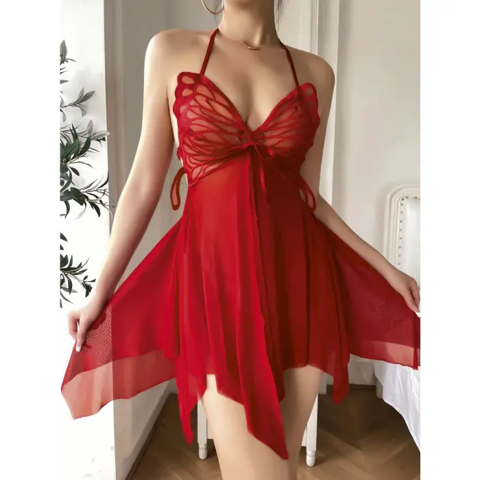 LYYN Kadın Kırmızı Kelebek Detaylı Tül Fantezi Gecelik 2246