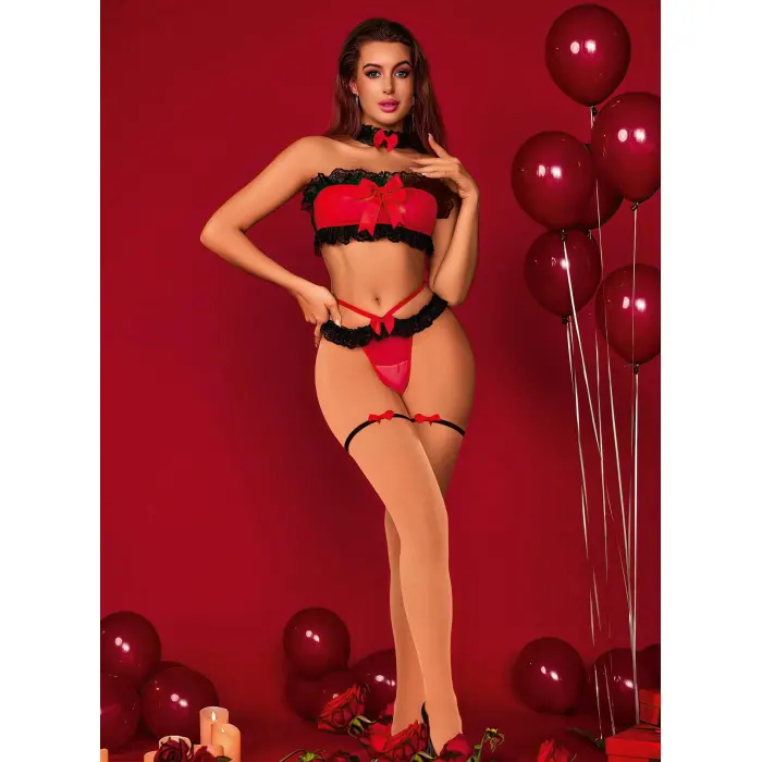 LYYN Kadın Kırmızı Siyah Dantel Detaylı Fantezi Kostüm 2063