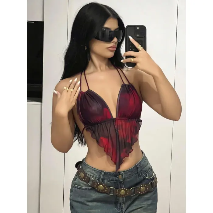 LYYN Kadın Kırmızı Siyah Renklerde Önden Üçgen Kesim Detaylı Crop Askılı Önden Bağlama 5092