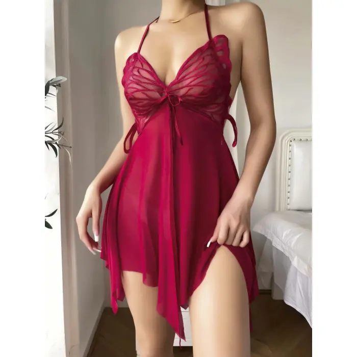 LYYN Kadın Kırmızı Transparan Kelebek Detaylı Tül Fantezi Gecelik 2245