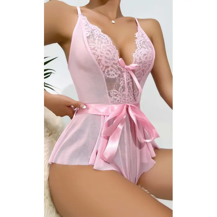 LYYN Kadın  Kontrast Dantel Kemerli Teddy Body Gecelik 2118