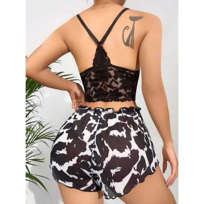LYYN Kadın Leopar Dantel Detaylı Şortlu Gecelik Pijama Takımı 5055