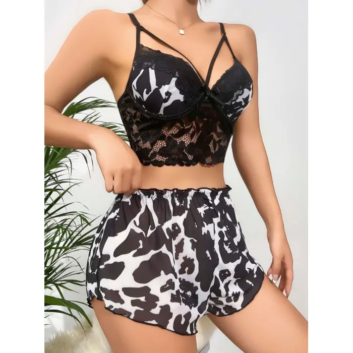 LYYN Kadın Leopar Dantel Detaylı Şortlu Gecelik Pijama Takımı 5055