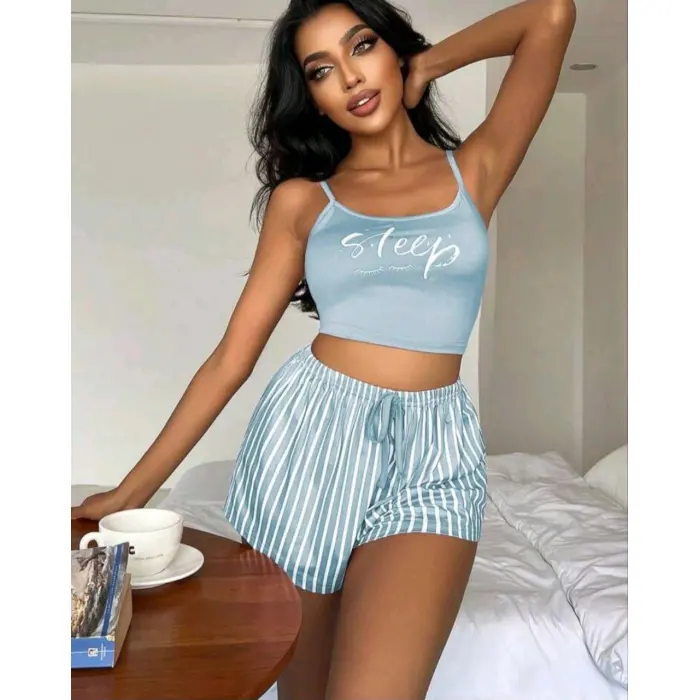 LYYN Kadın Mavi Çizgilidesenli Askılı Şortlu Pijama Takım 9001