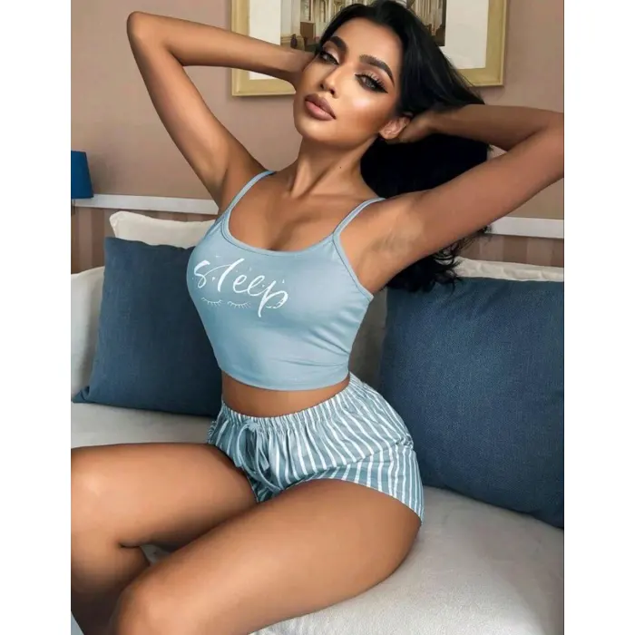 LYYN Kadın Mavi Çizgilidesenli Askılı Şortlu Pijama Takım 9001