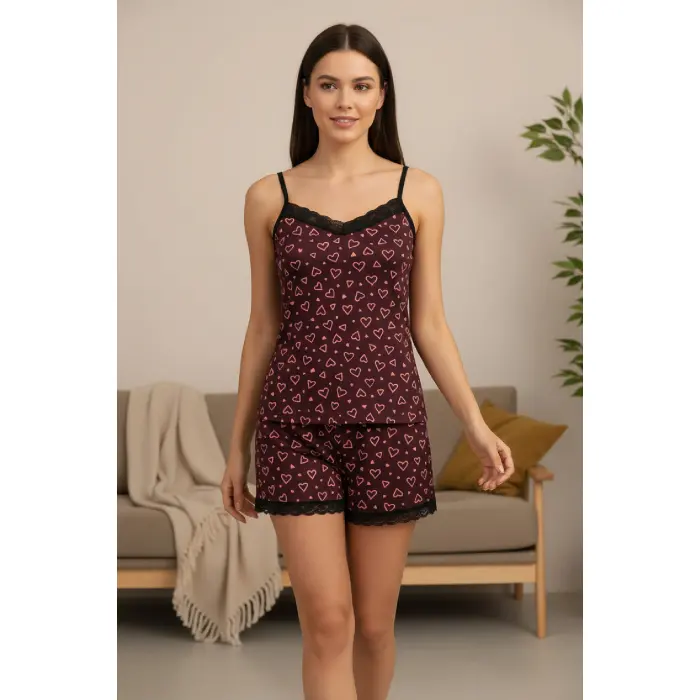 LYYN Kadın Mor Kalp Desenli Askılı Şortlu Dantelli Pijama Takımı