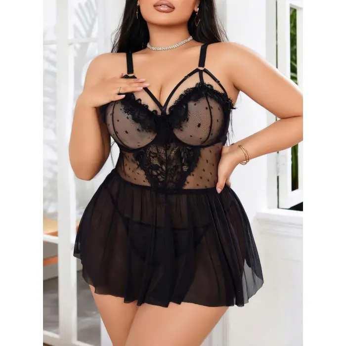 LYYN Kadın Nakışlı Siyah Gotik İp Askılı Büyük Beden Tüllü Transparan Fantezi Gecelik 8007