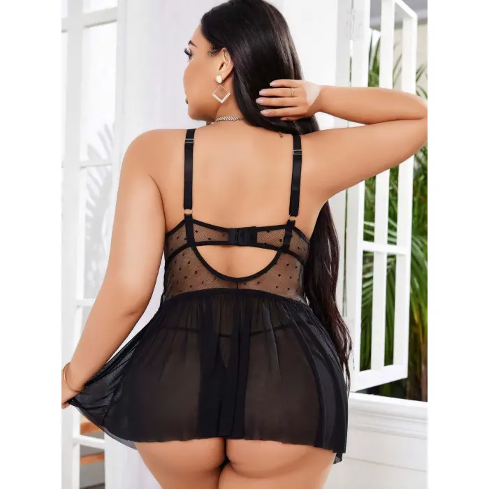 LYYN Kadın Nakışlı Siyah Gotik İp Askılı Büyük Beden Tüllü Transparan Fantezi Gecelik 8007