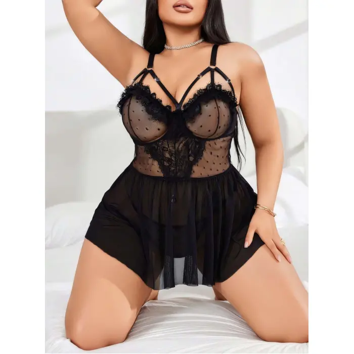 LYYN Kadın Nakışlı Siyah Gotik İp Askılı Büyük Beden Tüllü Transparan Fantezi Gecelik 8007