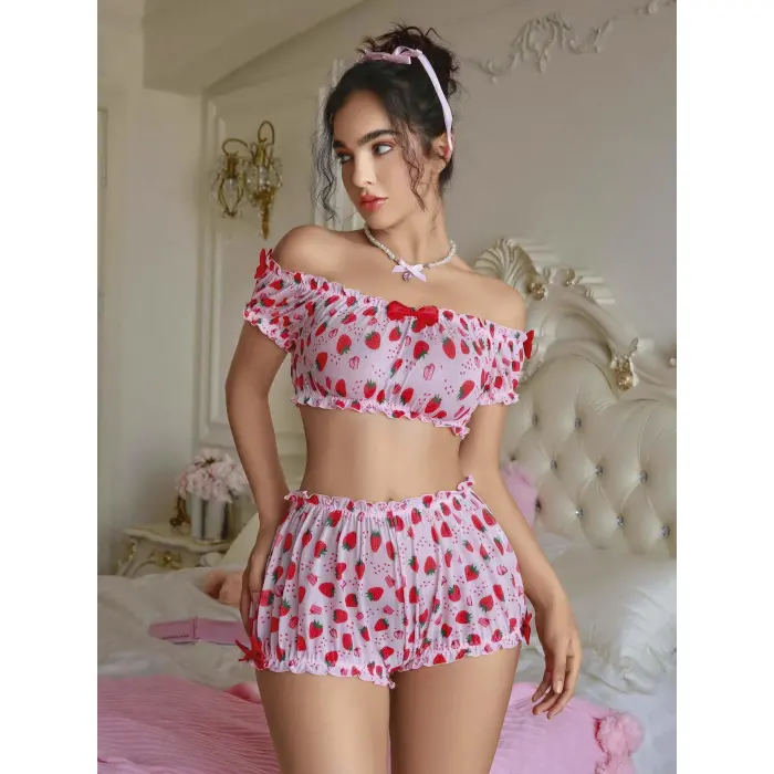 LYYN Kadın Pembe Çilek Desenli Sexy Kostüm 8014