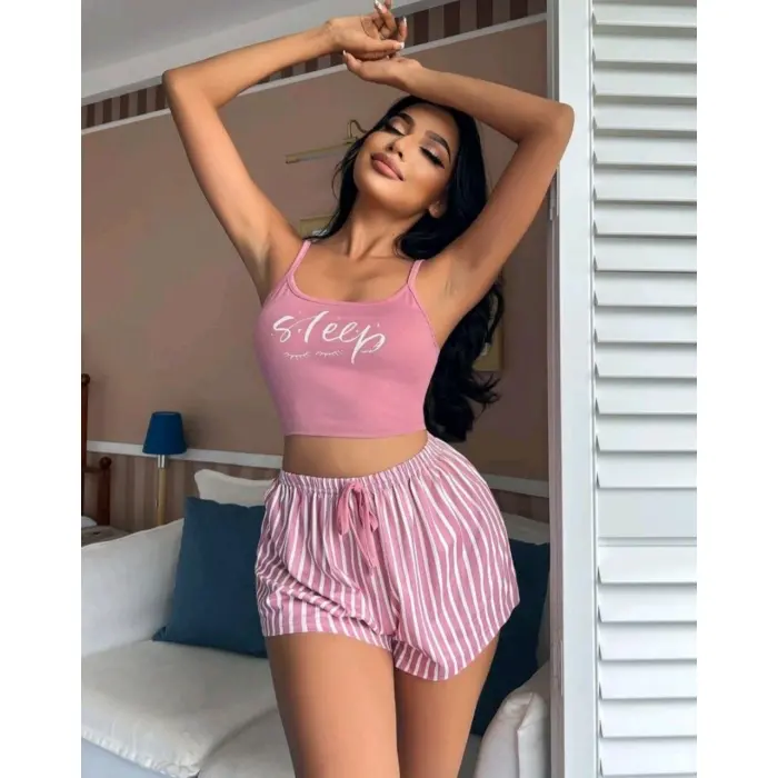 LYYN Kadın Pembe Çizgili Desen Askılı Şortlu Pijama Takım 9002