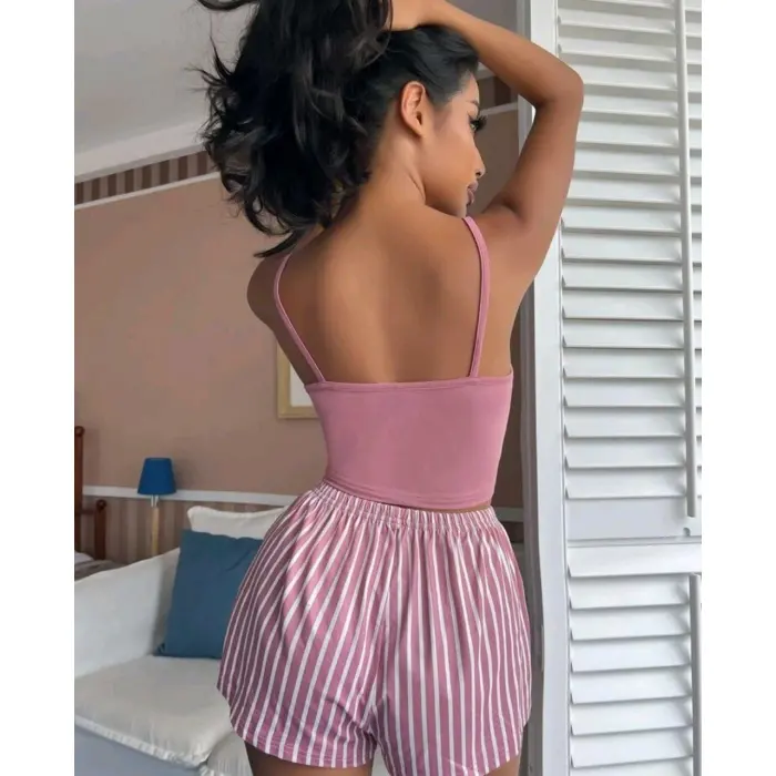 LYYN Kadın Pembe Çizgili Desen Askılı Şortlu Pijama Takım 9002